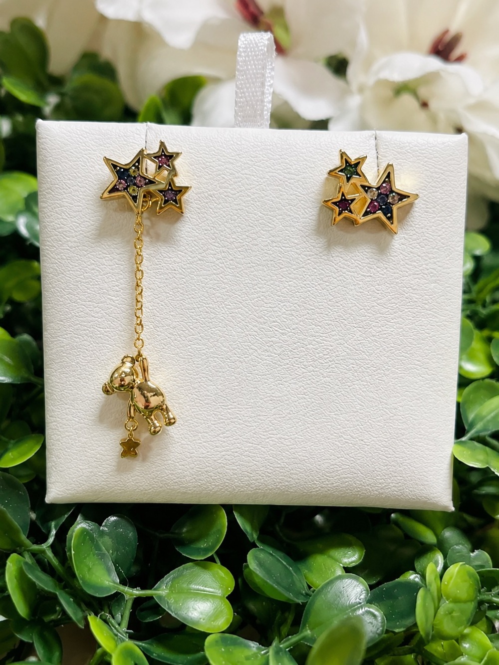 Gold Star & Teddy Asymmetrical Long and short Earrings - Multicolor Stones 925